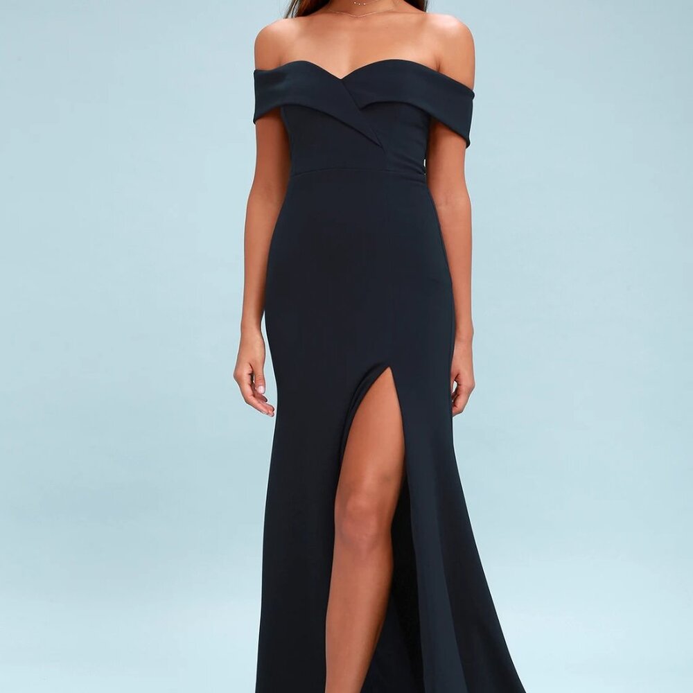NEW with Tags Lulus Song of Love Off-the-Shoulder Maxi Dress - Navy Blue - Large